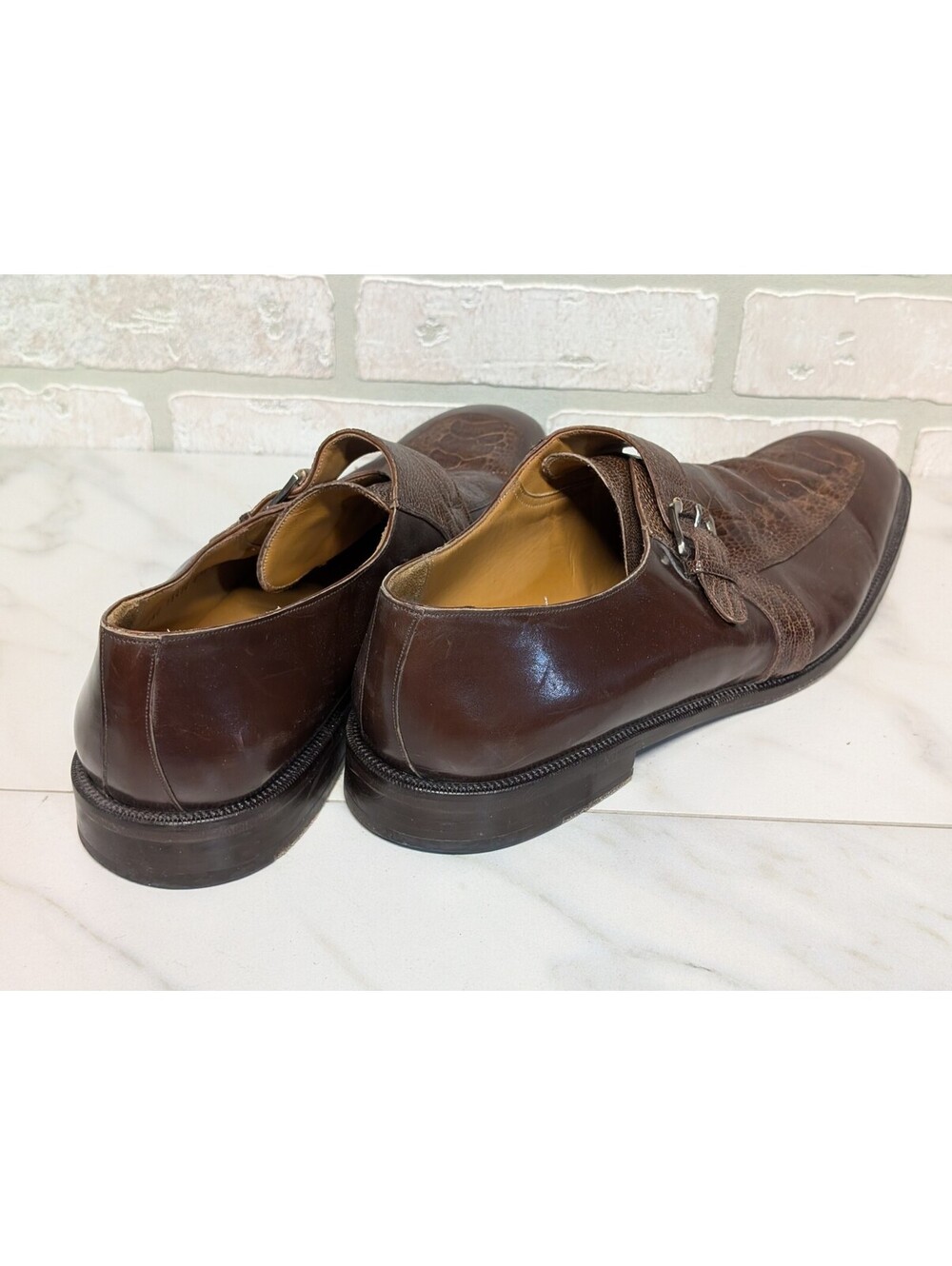 Mezlan Men's Brown Ostrich Leather Monk Strap Dress Shoes Size 16M - Picture 7 of 7